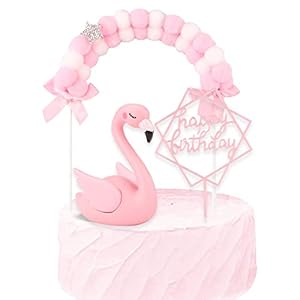 Hileyu 3 stuks Flamingo Happy Birthday Cake Toppers Decoratieset Haarbal Boog Cake Toppers 3D Flamingo Verjaardagstaart Decoratie Acryl Cake Topper voor Bruiloft/Meisjes Kinderen Verjaardagsfeest