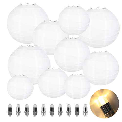 Encham 10 Stück Gekreuzte Papier Laterne Weiß Lampions mit 10 Stück Warmweiß Mini LED-Ballons Lichter Papierlaterne Lampenschirm für Hochzeit Party Geburtstage Dekoration Cover