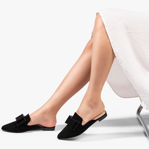 Image of MUSSHOE Mules for Women with Bow Knot: Pointed Toe Flats - Cloud-Cushion Suede Backless Loafers for Office & Casual Wear - Wide-Fit Friendly Slip On Slides with Memory Foam