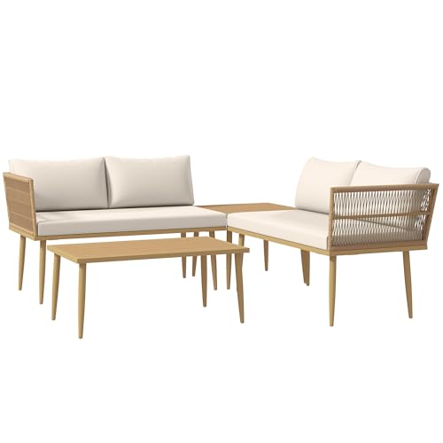 Outsunny Set Di Mobili Da Giardino In Rattan 4 Pezzi, Salotto Da Esterno Con 2 Divano A 2 Posti, 2 Tavoli Da Caffè In Legno-Plastica E Cuscini Lavabil