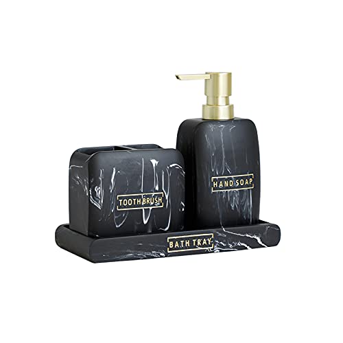 zhanwang Schwarzes Badezimmerzubehör-Set, 4-teiliges Set beinhaltet Seifenspender, Zahnbürstenhalter, Tablett, Toilettenbürste, Badezimmerdekoration (3-teiliges Set) Cover