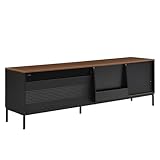 YJSPSSW 70.8'' Modern TV Stand for TVs up to 75 Inches – Entertainment Center with Storage, Sliding Doors, Adjustable Shelves, and Metal Frame – Mid Century Modern Media Console Table(Black)