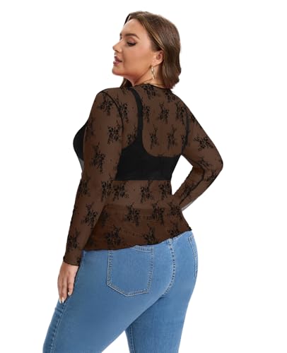 AYIFU Women's Lace Mesh Top Sheer Plus Size See Through Floral Long Sleeve Mock Neck Blouse Tops3