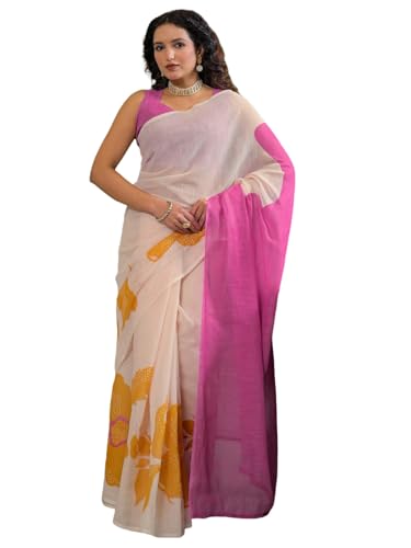 Image of SIRIL Women's Cotton Linen Printed Zari Border Saree with Unstitched Blouse Piece