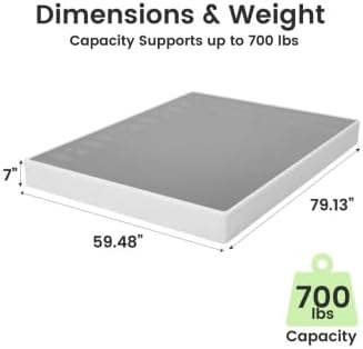 Diagram showing the dimensions of the GRUSIGN box spring: 79.13 inches length, 59.48 inches width, 7 inches height, and a capacity of 700 lbs.