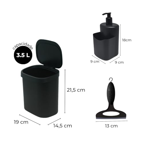 Kit Organização Cozinha Lixeira Pia 3,5 Litros Dispenser Detergente e Porta Bucha Esponja e Rodinho