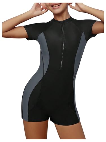 Milumia Girl's Colorblock Rash Guard Swimsuit Mock Neck Short Sleeve One Piece Bathing Suits