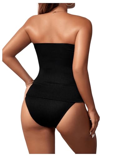 SOLY HUX Strapless Tankini Swimsuits for Women Boho Bandeau Bikini Tummy Control Two Piece Modest Bathing Suits2