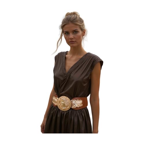 Women Fashion Wide Elastic Belt Hip Waist Gold Metal Greek Coin Buckle S M Brown3