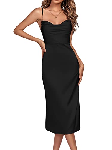 Lyaner Women's Satin Cowl Neck Spaghetti Straps Sexy Cocktail Midi Dresses Black Small #TOP18