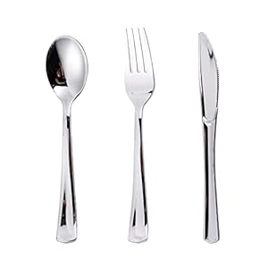 N9R 120PCS Silver Plastic Silverware, Silver Plastic Cutlery Set Disposable Flatware Dinnerware -60 Silver Forks, 30 Silver Spoons, 30 Silver Knives for Wedding, Party, Daily Use Silver Utensils