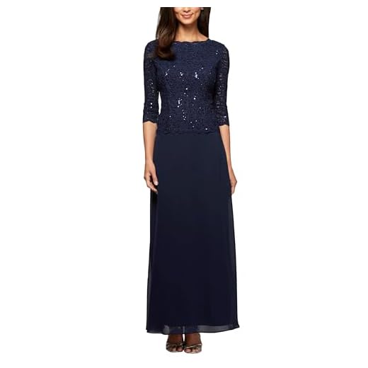 Alex Evenings Women's 3/4 Sleeve Stretch Lace Bodice Mock One Piece Gown, Navy, 16