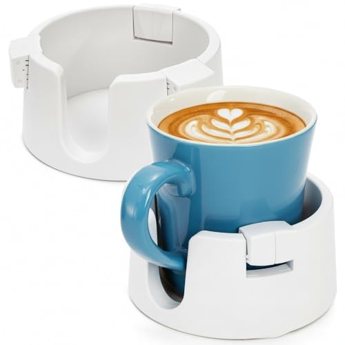 Mezchi 2 Pack Anti Spill Cup Holders, Adhesive Desk Cup Holder, Adjustable Plastic Drink Holder for Desk, Non Tipping Coaster Cup Holder for Office, Home, Desktop, Table (White)