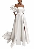 Ivory Detachable Puffy Sleeves Wedding Dresses for Bride with Pockets Satin High Slit Prom Dresses Ball Gowns US02