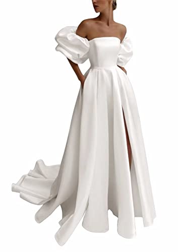 Bekvamlighet Detachable Puffy Sleeves Wedding Dresses for Bride with Pockets Satin High Slit Prom Dresses Ball Gowns