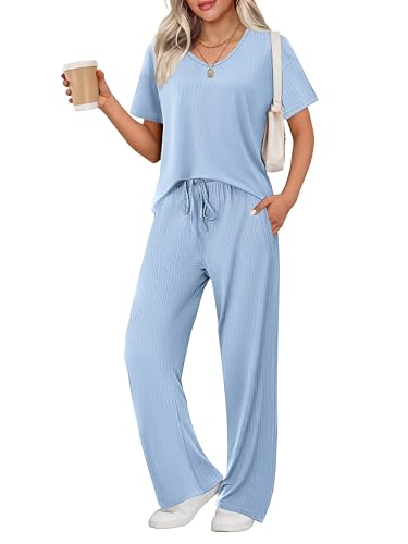 Image of Ekouaer Womens Ribbed Knit Lounge Set Short Sleeve Top and Long Pants Sleepwear Pajama Set Two Piece Matching Outfits Set