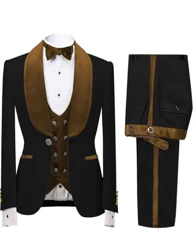 Men's 3 Piece Suit Slim Fit Floral Jacquard Tuxedo Velvet Suits Brown
