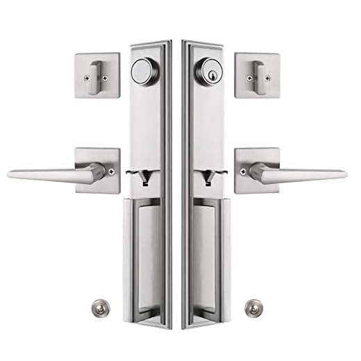 NB_Hardware Silver Double Door Handleset Front Entry Door Lockset Exterior Full Escutcheon Lockset-Keyed Handleset & Dummy Inactive Door Hardware for French Door 2011SN