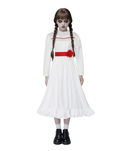 Costume d'Anna de poupée effrayante pour enfants, robe blanche avec ceinture, costume de film effrayant et effrayant pour Halloween
