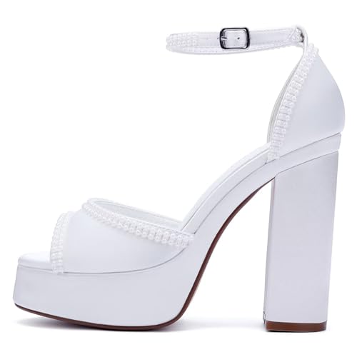 Image of Platform Heels Wedding Shoes for Bride Ankle Strap Bridal Heeled Sandals Wedding Heels