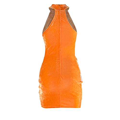 Sedmoda Womens Sleeveless See Through Club Outfits Dress Sexy Sheer Mesh Velvet Patchwork Bodycon Mini Dress Orange #TOP2