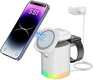 Magnetic Wireless Charger, 3 in 1 Wireless Charging Station Fast Charger Stand Compatible with iPhone 14/13/12/11/XR/X/8 Series, iWatch 8/7/6/5/4/3/2 & AirPods 3/2/Pro/Pro2 (QC3.0 Adapter)