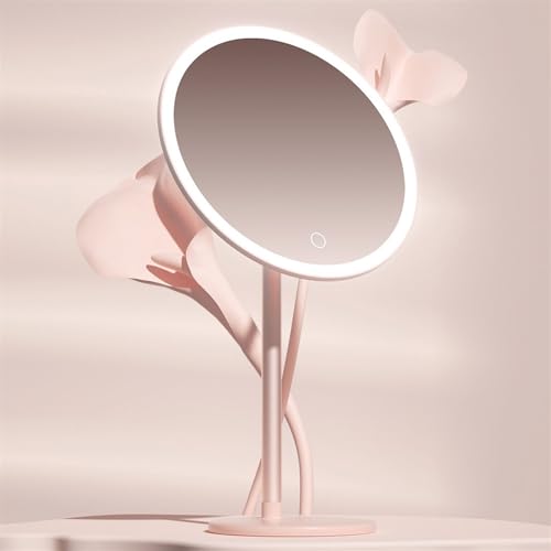 Espejo de tocador con luces LED de maquillaje, recargable de escritorio rosa 8