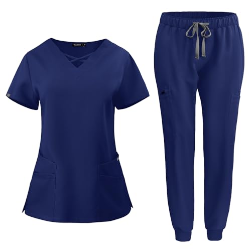 Image of VIAOLI Scrubs for Women Set Modern V-Neck Top & 8 Pocket Jogger Pants Nursing Uniform Solid Stretch Workwear