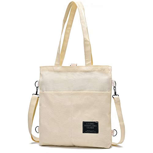 Bolso de lona con bolsillos con cremallera asas largas de hombro bolso cruzado ligero, Ivory, Medium Cover