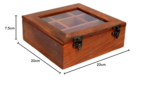 Image of ESPLANADE Wooden Masala Daani Spice Box with Transparent Top | Kitchen Spice Box Set with Wooden Spoon - 8 inch x 8 inch x 3 inch Inches - Brown | Wooden Decorative Box | Spice Organizer