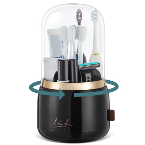 EXIN DECHEN Toothbrush Holders with Cover for Bathrooms, 360° Rotating 7-Slot Draining Water for Placing Kids Electric Toothbrushes,Toothpaste,Razors,Bathroom Counter Dresser Vanity Organizer(Black)