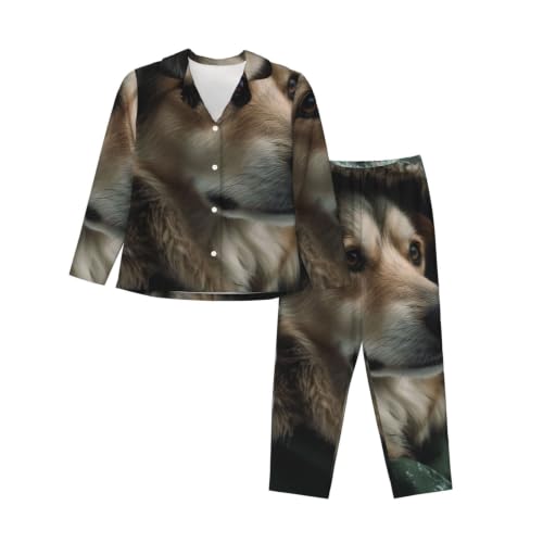 Pyjama manches longues boutonné femme motif chien dans la neige : idée cadeau