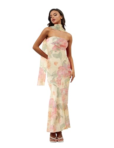 Image of MSBESYOR Women Floral Maxi Dress with Scarf Party Club Homecoming Cockatail