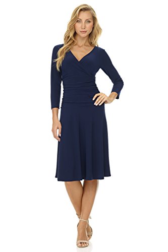 REKUCCI Women's Slimming 3/4 Sleeve Fit-and-Flare Crossover Tummy Control Dress (4 Short, Navy)
