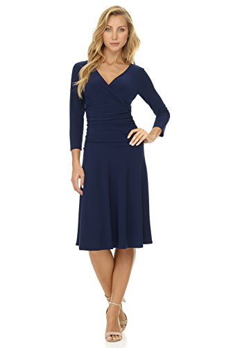 Rekucci Women's Slimming 3/4 Sleeve Fit-and-Flare Crossover Tummy Control Dress (8 Short, Navy)