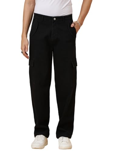 Image of KOTTY Men's Loose Fit Cargo Denim Jeans - Vintage Washed Utility Jeans with Side Pockets