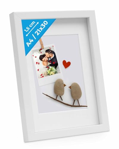 PHOTOLINI 3D Bilderrahmen zum Befüllen 21x30 A4 Weiß, 1,5 cm tiefer Objektrahmen mit Glas, tiefer Bilderrahmen A4 21x30 Holz MDF mit Passepartout, Dicker 3D Rahmen befüllbar für Gegenstände Geschenk