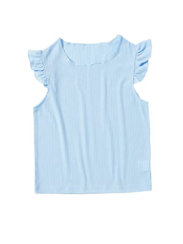Romwe Girl's Summer Pearls Beaded Ruffle Cap Sleeve Keyhole Blouse Tops Shirt Light Blue 13-14Y #TOP19