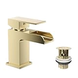VeeBath Kinetic Square Waterfall Basin Mixer – Modern Brushed Brass Finish, Single Lever Control, G1/2" BSP Inlet with Pop-Up Waste, Deck Mounted Bathroom Taps