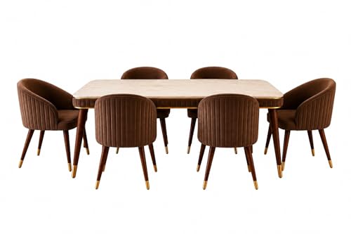 Image of WOODEN SPACE 6-Seater Wooden Dining Table Set | Nano Composite Marble Top | Solid Wood Base | Modern Dining Room Furniture with 6 Chairs (Modern Brown)