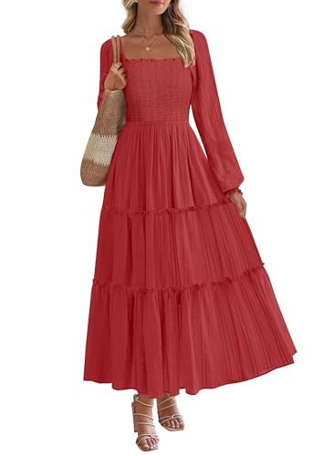 PRETTYGARDEN Fall Dresses for Women 2025 Casual Long Sleeve Smocked Ruffle Flowy Elegant Wedding Guest Maxi Dress Pockets