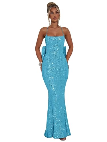 Amazon.com: Wirunsy Sparkly Sequin Prom Dresses 2026 Spaghetti Straps  Glitter Formal Gowns Sexy Backless Mermaid Evening Party Dress with Bow  Aqua 0 : Clothing, Shoes & Jewelry