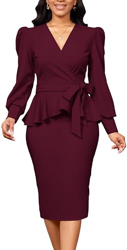 sexycherry Burgundy Peplum Dresses for Women Work Pencil Dress with Belt