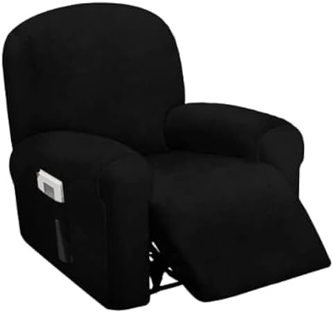 ULTICOR 4-Piece, 1 Seat Recliner Cover, Velvet Stretch Reclining Chair Covers for 1 Cushion Reclining Sofa, Single Seat Recliner Couch Cover, Thick, Very Soft, Machine Washable (Black)