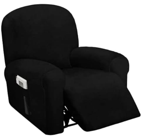 ULTICOR 4-Piece, 1 Seat Recliner Cover, Velvet Stretch Reclining Chair Covers for 1 Cushion Reclining Sofa, Single Seat Recliner Couch Cover, Thick, Very Soft, Machine Washable (Black)