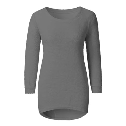 Generisch Damen Langarm Teddy Fleecepullover Elegant Long Fleece Pullover Ohne Kapuze Einfarbig Rundhals Casual Pulli Autumn Winter Bequeme Warm Oberteile Pour Festlich Alltagskleidung (Grey, XXXXXL)