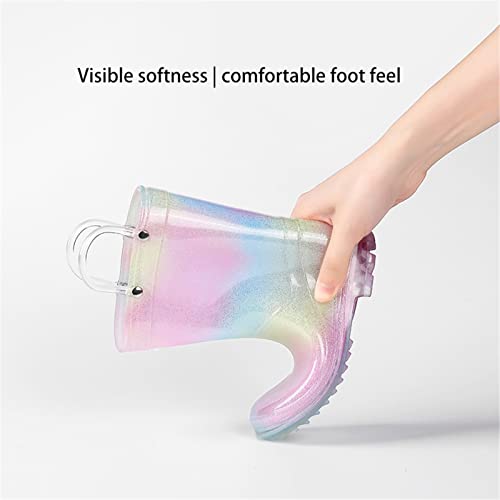 EnJoCho 3 to 12Y Toddler Kids Glitter Light Up Rain Boots for Girls Rainbow Rain Shoes Solid Color Boots with Easy On Handles (A, 1 Big Kids)4
