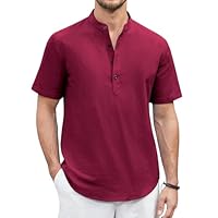 Enlision Camisa Lino Hombre Borgoña Manga Corta Sin Cuello Mao Camisa Hombres Verano Casual Camisetas con Botónes Elegantes Playa 3XL