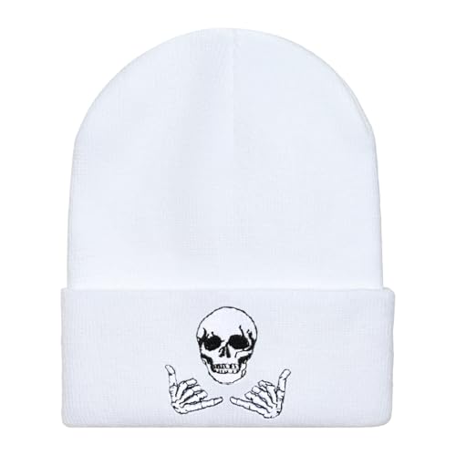 Image of Embroidered Skeleton Beanie Hat Winter Stretch Knit Skull Cap for Men Women
