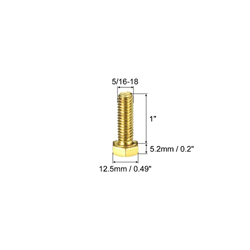 Image of uxcell Brass Hex Bolts, 5 /16-18x1 1pcs Fully Thread Grade 4.8 Solid Brass Hexagon Head Bolt Machine Screws for Machinery